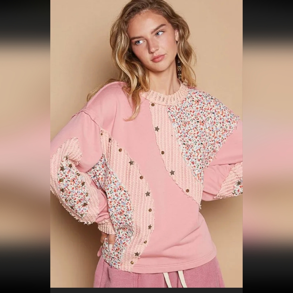 POL Focus On You Long Sleeve French Terry Knit Top In PPink Patchwork Sweatshirt